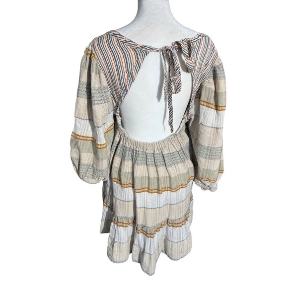 Free People Striped Puff Sleeve Mini Dress Cottage Core Boho Smocked Dress Sz L - Picture 2 of 16